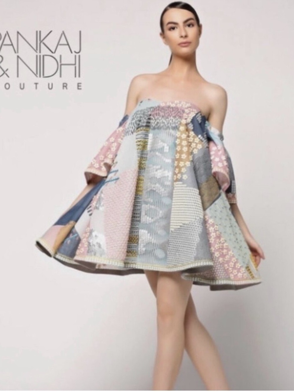 Pankaj & Nidhi Couture Patchwork Off-the-Shoulder Mini Dress